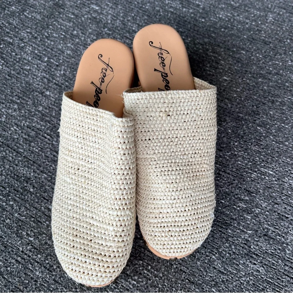 Free People Cream Tan Clog Mules with Wooden Soles - Picture 5 of 9